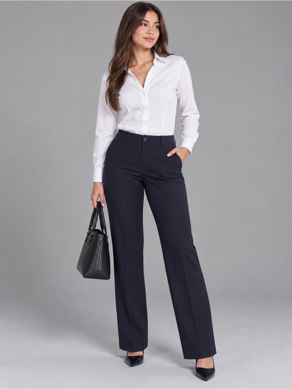 Women's Black Straight-Leg Trousers with Mid Rise